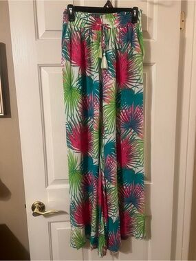 NWOT Rose & Olive Tropical Leaf Print High Waist Wide Split Leg Pants Size Small